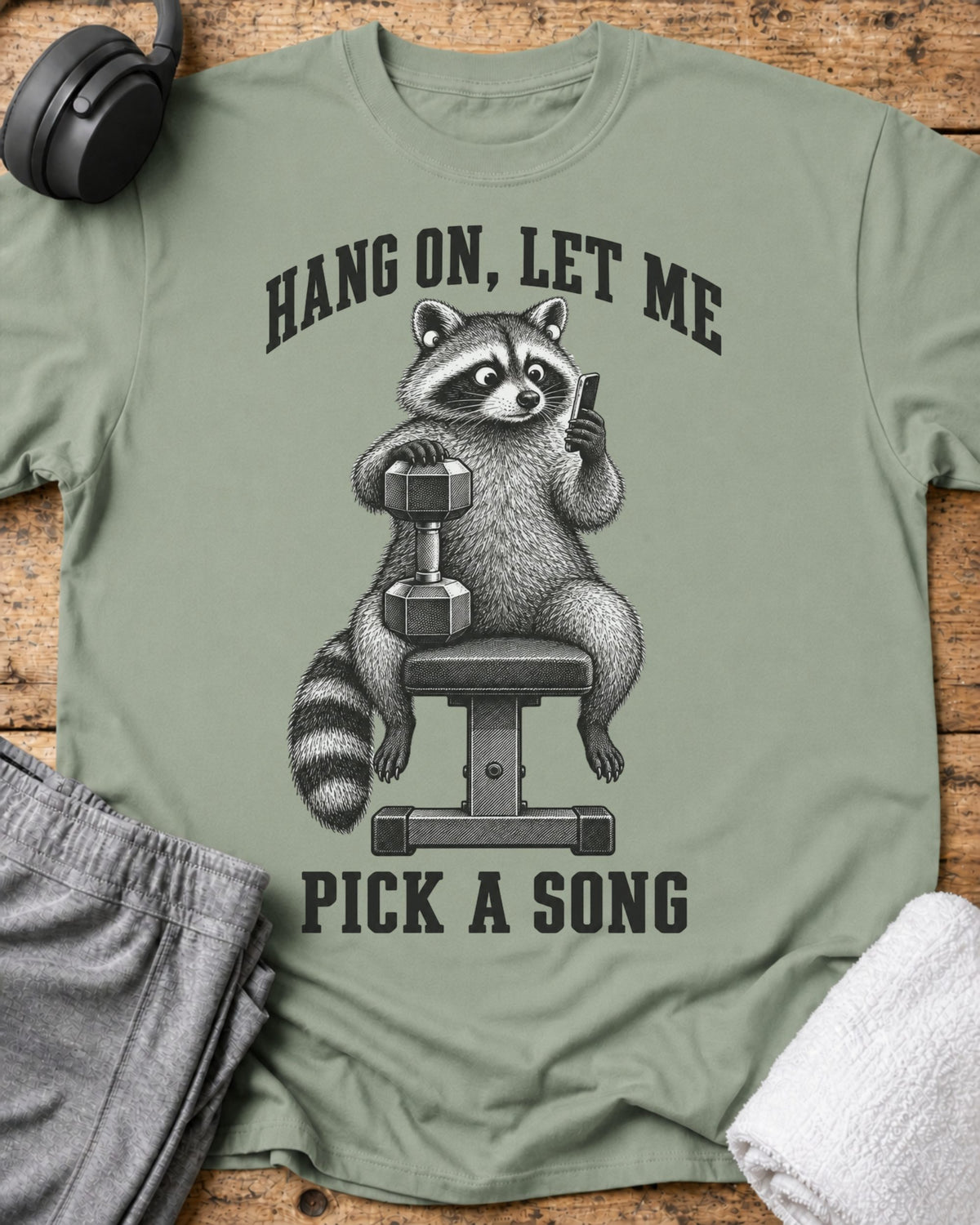 Hang On Raccoon T-Shirt — Sage