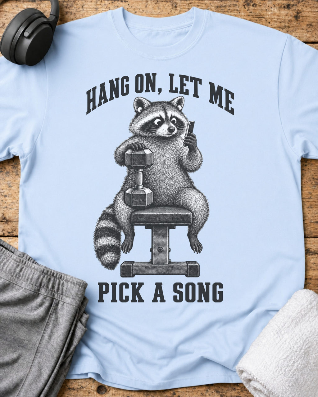 Hang On Raccoon T-Shirt — Light Blue