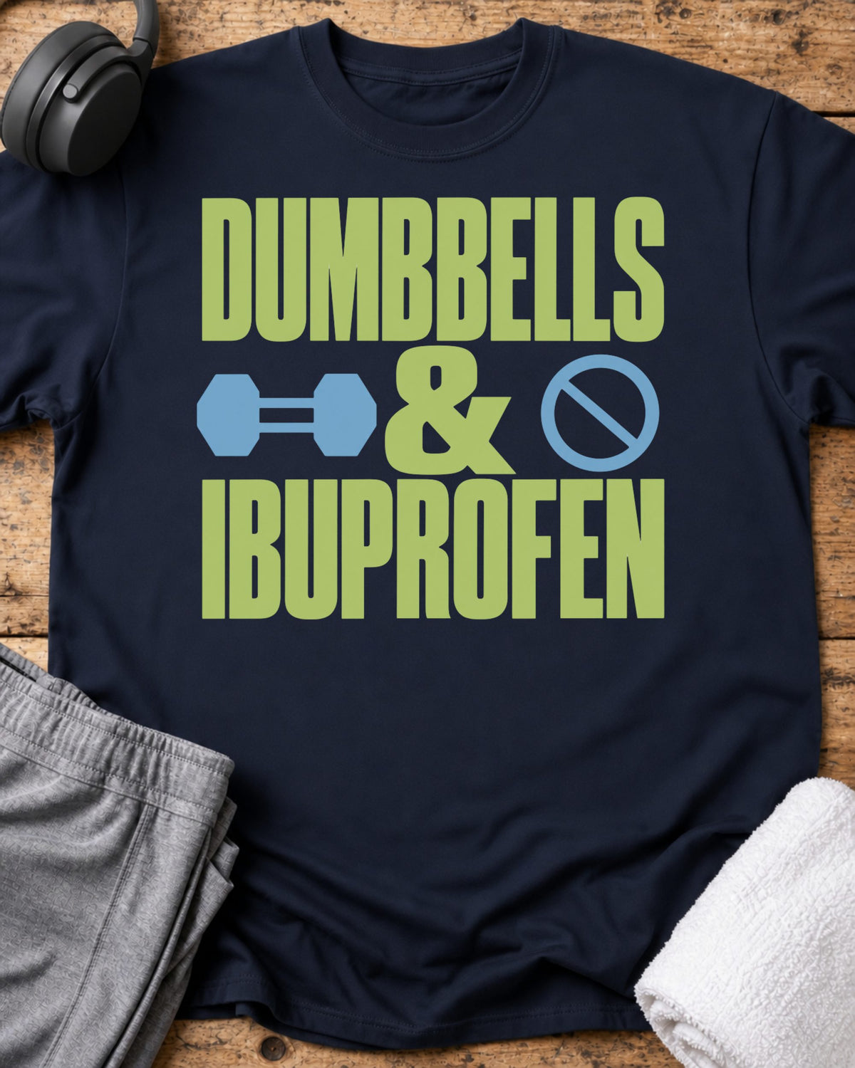 Dumbbells And Ibuprofen T-Shirt — Navy