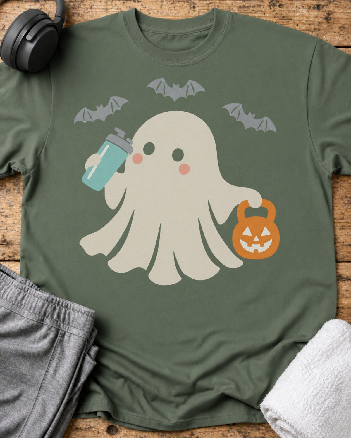 Pumpkin Kettlebell Ghost T-Shirt — Military Green