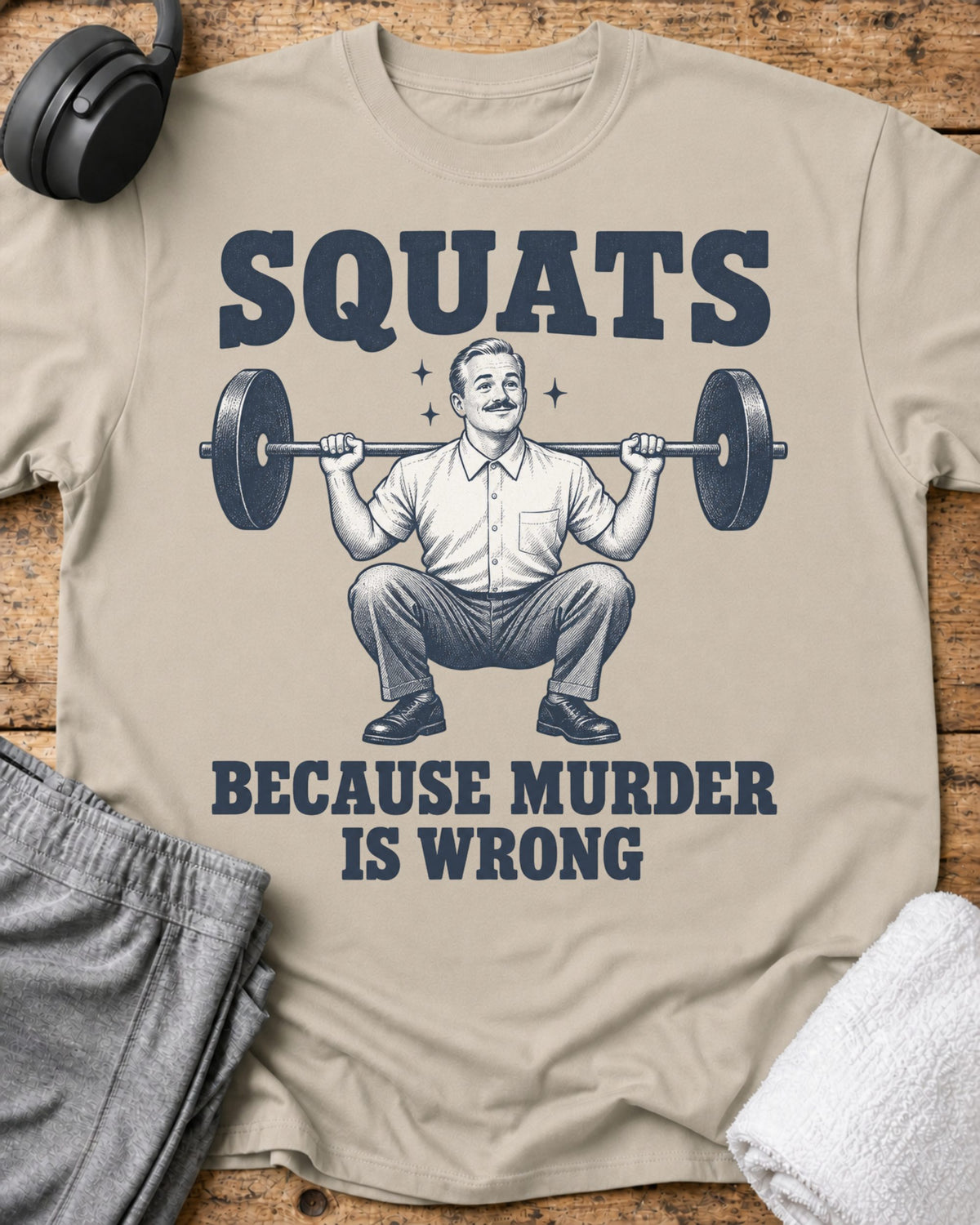 Squats Because Murder T-Shirt — Sand