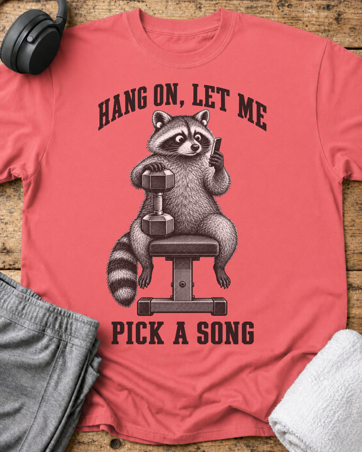 Hang On Raccoon T-Shirt — Coral Silk